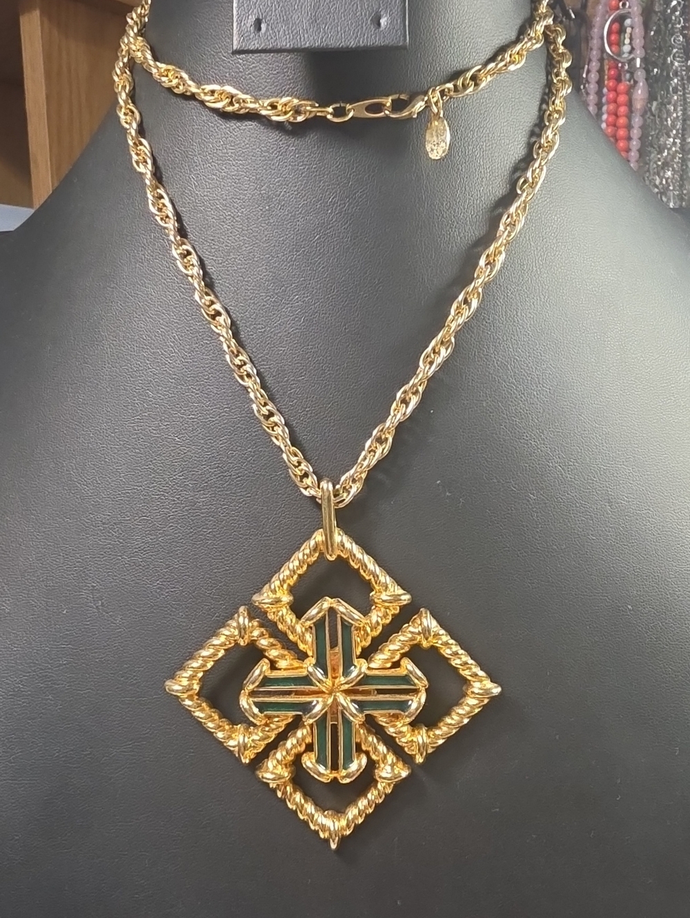 Gold-Tone Rope Chain By Parklane Necklace w/ Green-Inset Cross Pendant By Jomaz